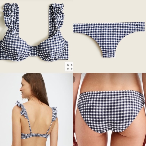 J Crew ruffle underwire bikini top and hipster bottom in Classic Navy Gingham - Picture 1 of 9